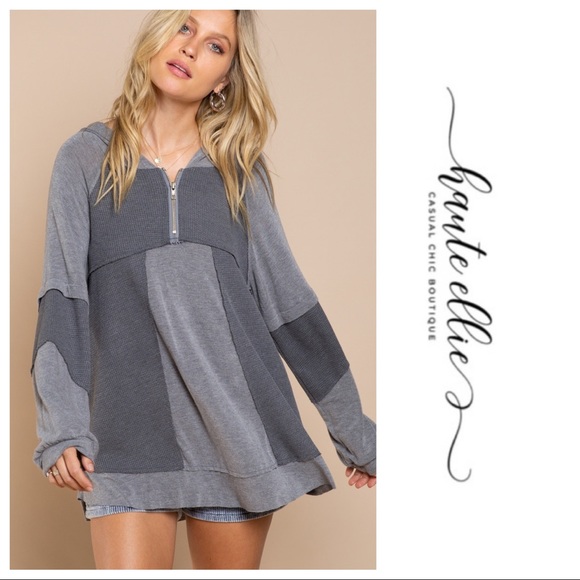 Sweet Rebecca-Hooded Blocked Gray Pullover - Picture 4 of 7